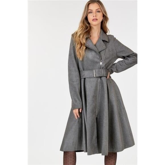 Grey - Waist Belt Long Sleeve Faux Suede Coat/ Zipper & Button Detail - Picture 2 of 5